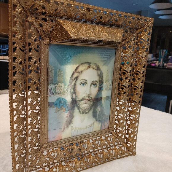 Vintage 1950s Lenticular Lighted Metal Frame Jesus the Last Supper Art - Picture 2 of 8